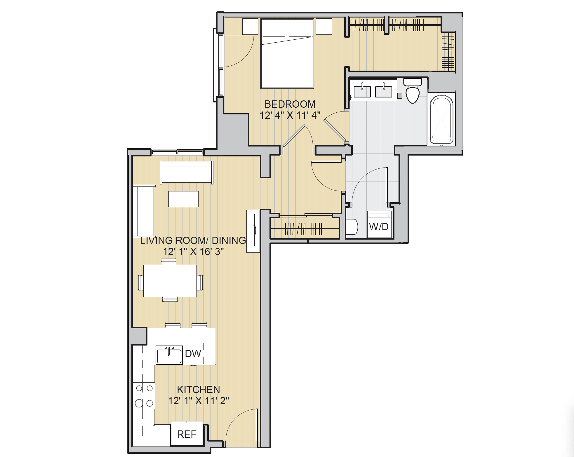 Floor plan for 1 bed, 1 bath, 723 sqft